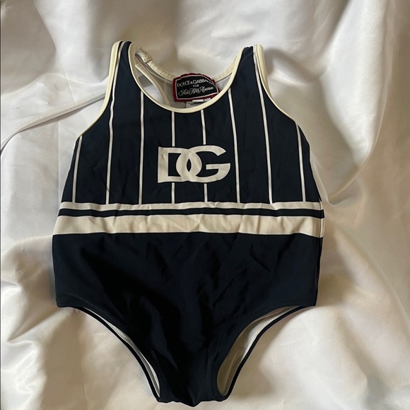 Dolce & Gabbana Navy and Cream Swimsuit 12/18 month IT